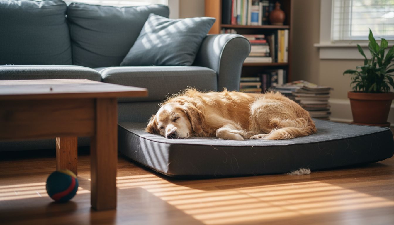 Golden retriever sleeping on ergonomic bed