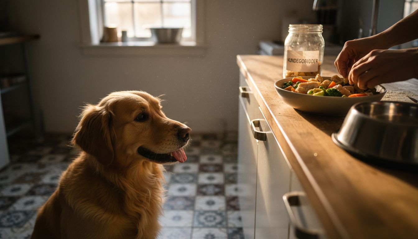 Hunden står spændt og venter på sin hjemmelavede, naturlige mad