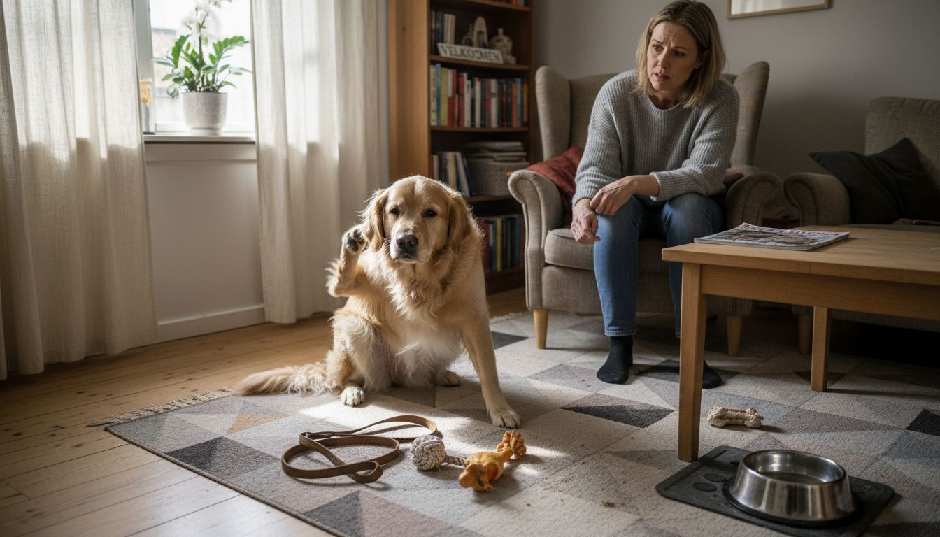 En hund ligger og klør sig, mens ejeren sidder og holder øje med den i stuen.