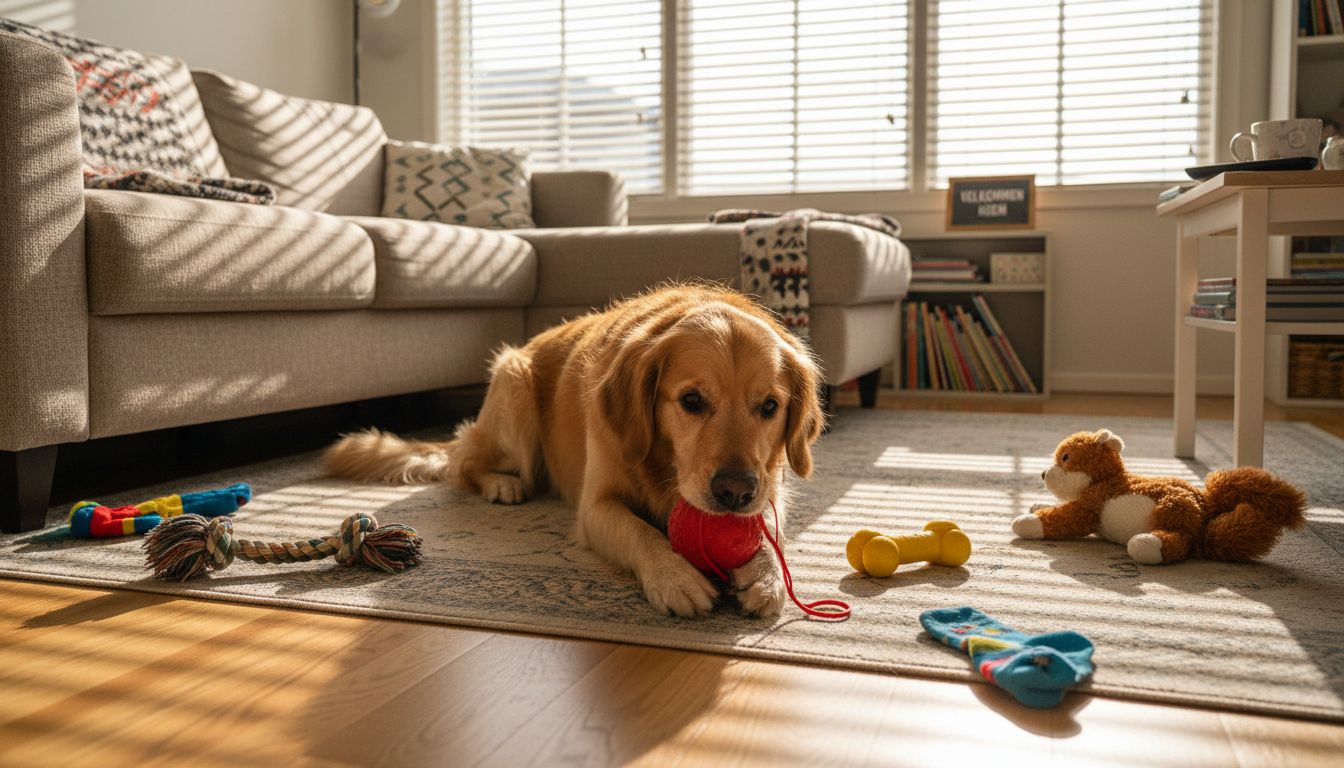 Hund tygger på sit legetøj midt i en bunke spredte hundelegeting