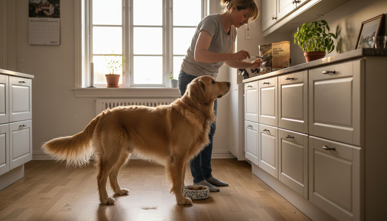 Ejeren hælder fedtfattig hundemad op i skålen ude i køkkenet.