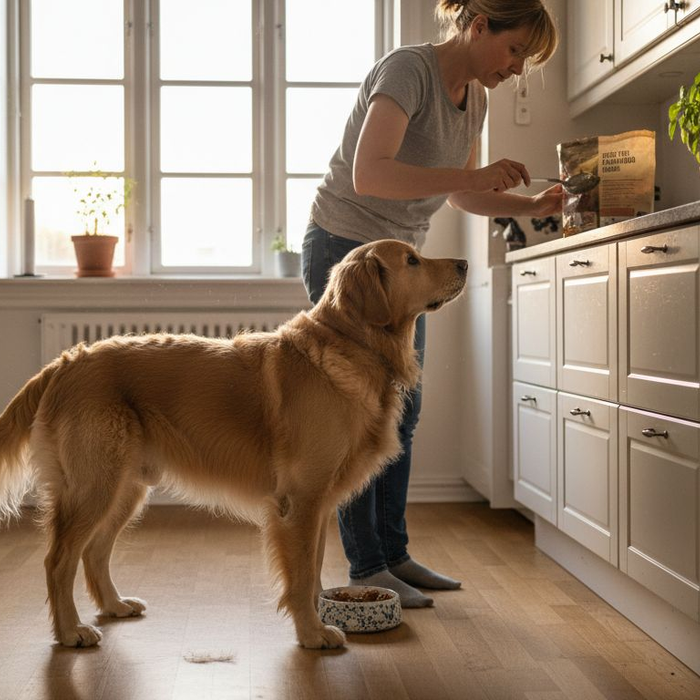 Ejeren hælder fedtfattig hundemad op i skålen ude i køkkenet.
