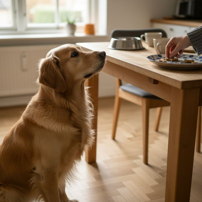 Hunden sidder tålmodigt i køkkenet og håber på at få nogle glutenfri godbidder.
