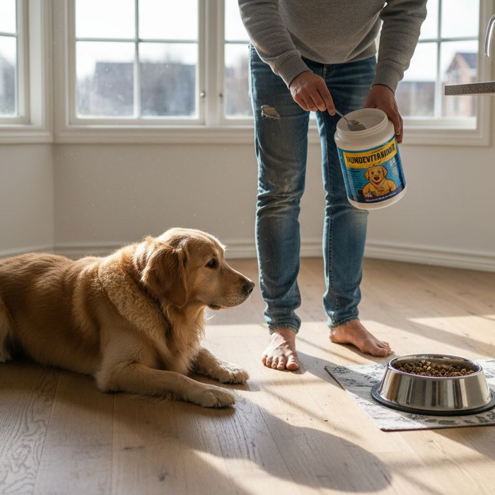Hunden følger nysgerrigt med, mens ejeren blander kosttilskud i maden.
