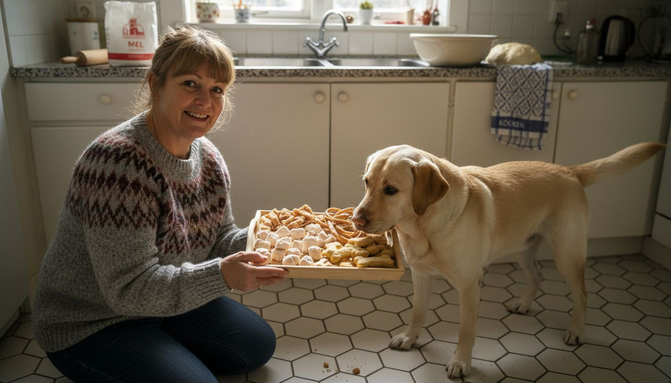 En kvinde står i sit lyse køkken og forkæler hunden med forskellige lækre godbidder.