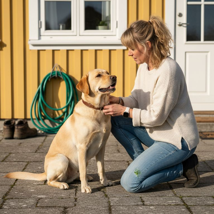 En hundeejer justerer hundens halsbånd ude i det fri.
