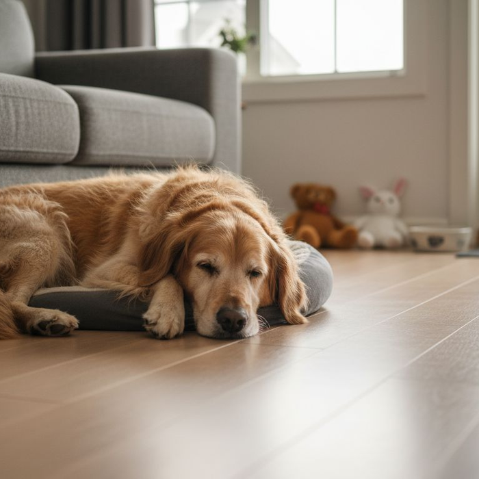 Hunden ligger og hygger sig på sin egen seng.