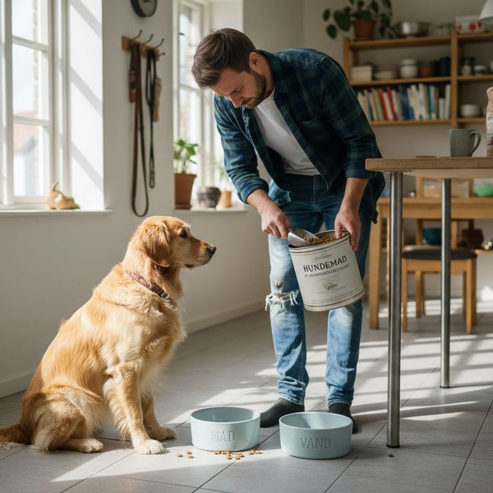 Hund og ejer hygger sig sammen i køkkenet, mens der bliver gjort klar til madtid.