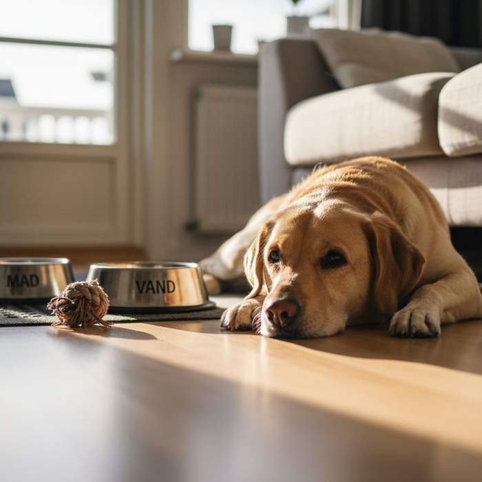 En livsglad labrador nyder solen derhjemme