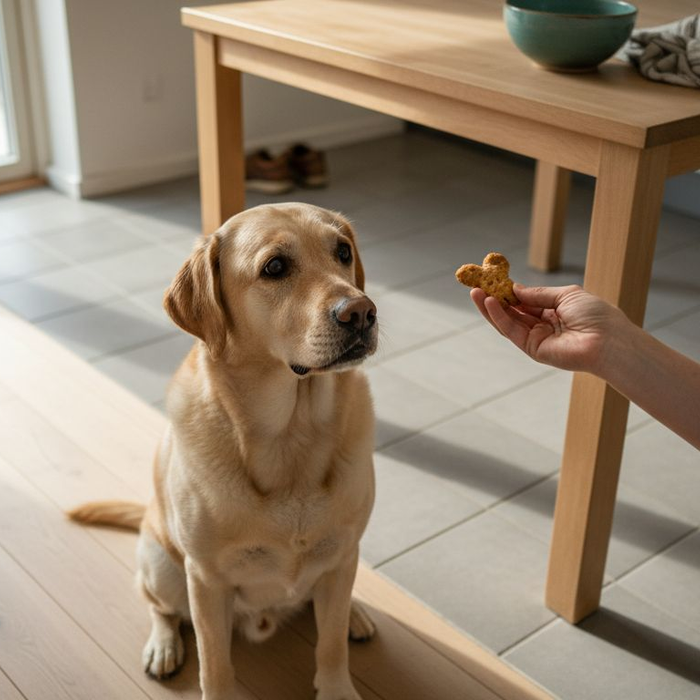Labradoren bliver forkælet med en sund godbid i køkkenet