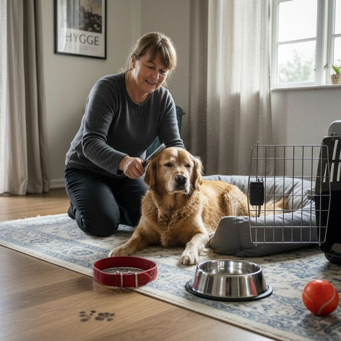 Hundeejer med alt det nødvendige udstyr i det danske hjem