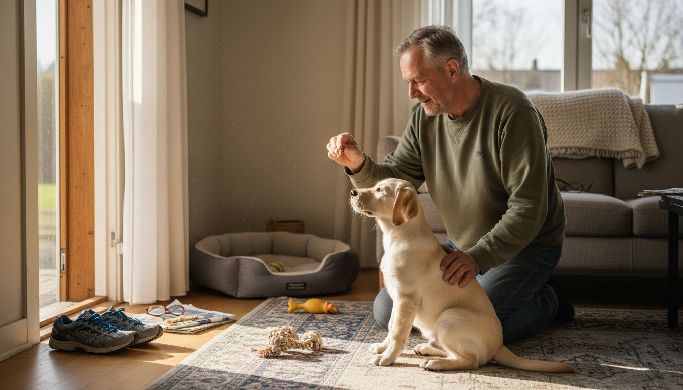 En hundeejer øver lydighed med sin hund i den solfyldte stue derhjemme.
