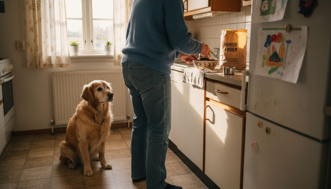 En kvinde står i sit hyggelige køkken og gør klar til at lave mad til hunden.