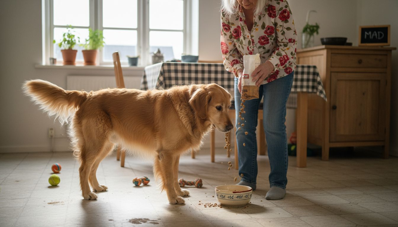 Hund og ejer hygger sig sammen i køkkenet, mens der bliver serveret mad.
