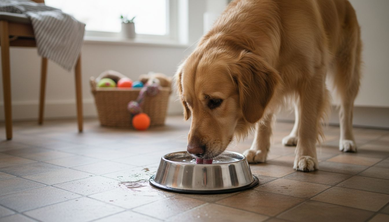 En hund står i køkkenet og slubrer vand fra sin skinnende stålvandskål.