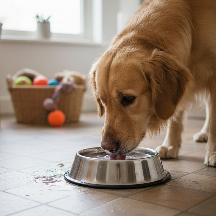 En hund står i køkkenet og slubrer vand fra sin skinnende stålvandskål.