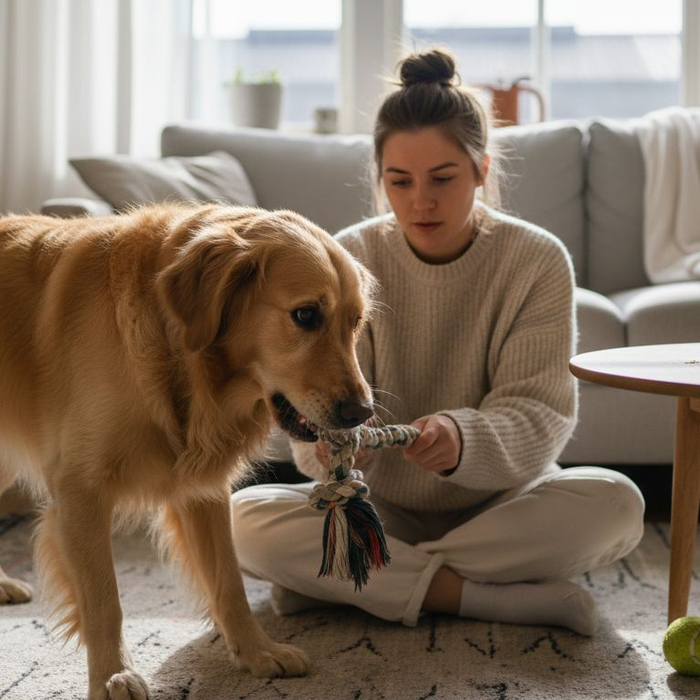 En glad hund leger med sit reb-legetøj inde i stuen.