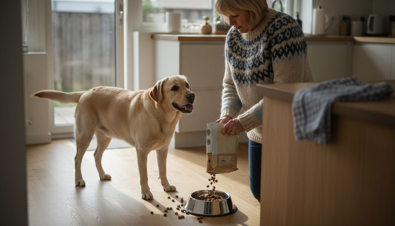En kvinde giver sin labrador mad i køkkenet.