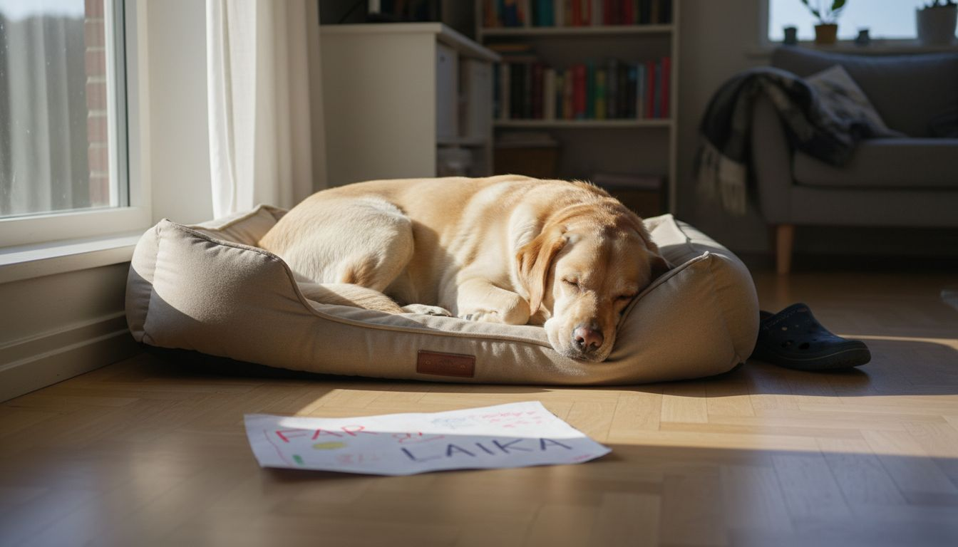Labradoren ligger og slumrer trygt i sin hundekurv.