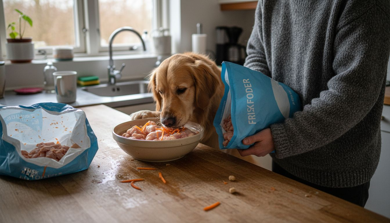 Hunden undersøger nysgerrigt de friske ingredienser i skålen