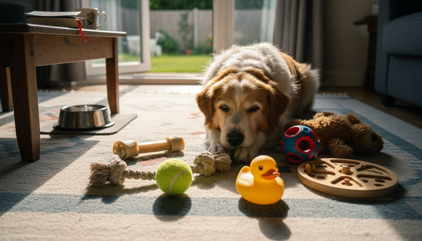 Hund, der ligger midt i et udvalg af syv forskellige hundelegetøj