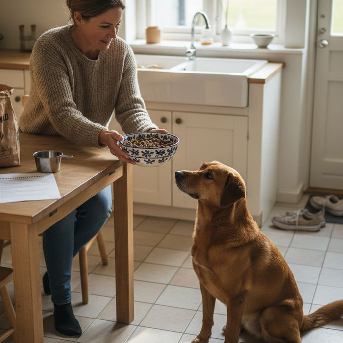 En kvinde giver sin opmærksomme hund lidt mad i køkkenet derhjemme.