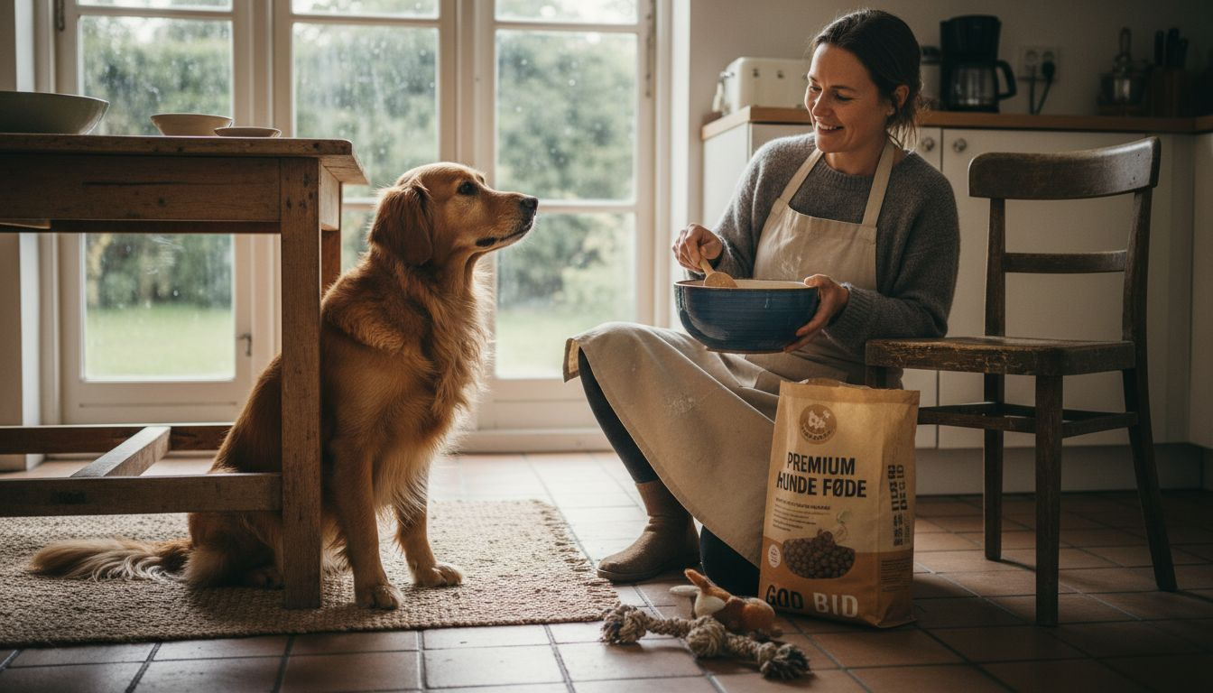 En hund sidder tålmodigt i køkkenet og venter på sin sunde aftensmad.
