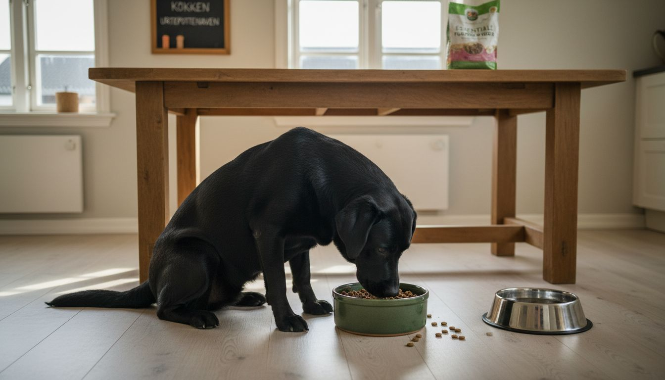 En labrador nyder sin varierede hundemad i køkkenet.