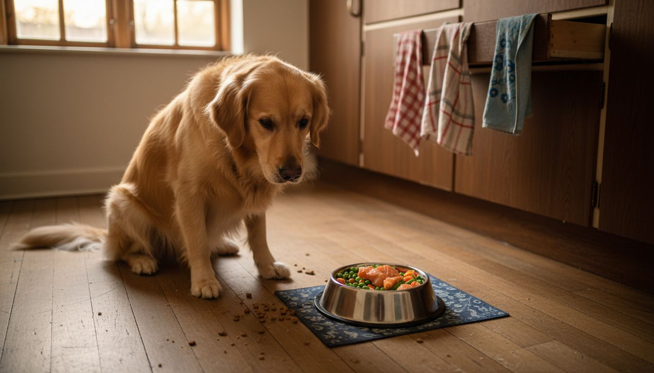 En glad golden retriever står ved sin madskål og venter spændt på frisk hundemad.