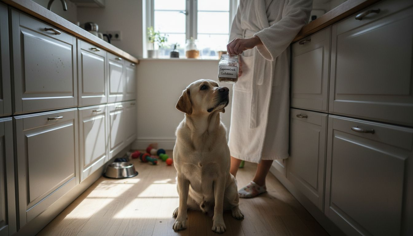 Labradoren bliver forkælet med hjemmelavede godbidder i køkkenet