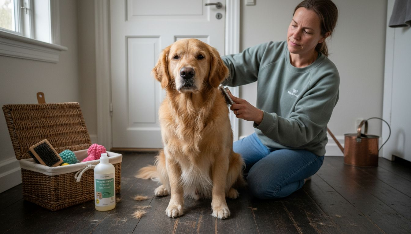 En kvinde står og børster sin hund i det varme og hjemlige bryggers.