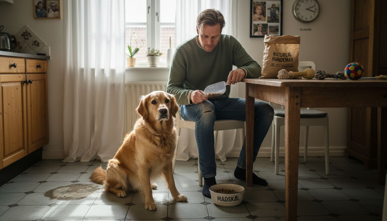 Hund og ejer i gang med at lave et sundt måltid til hunden