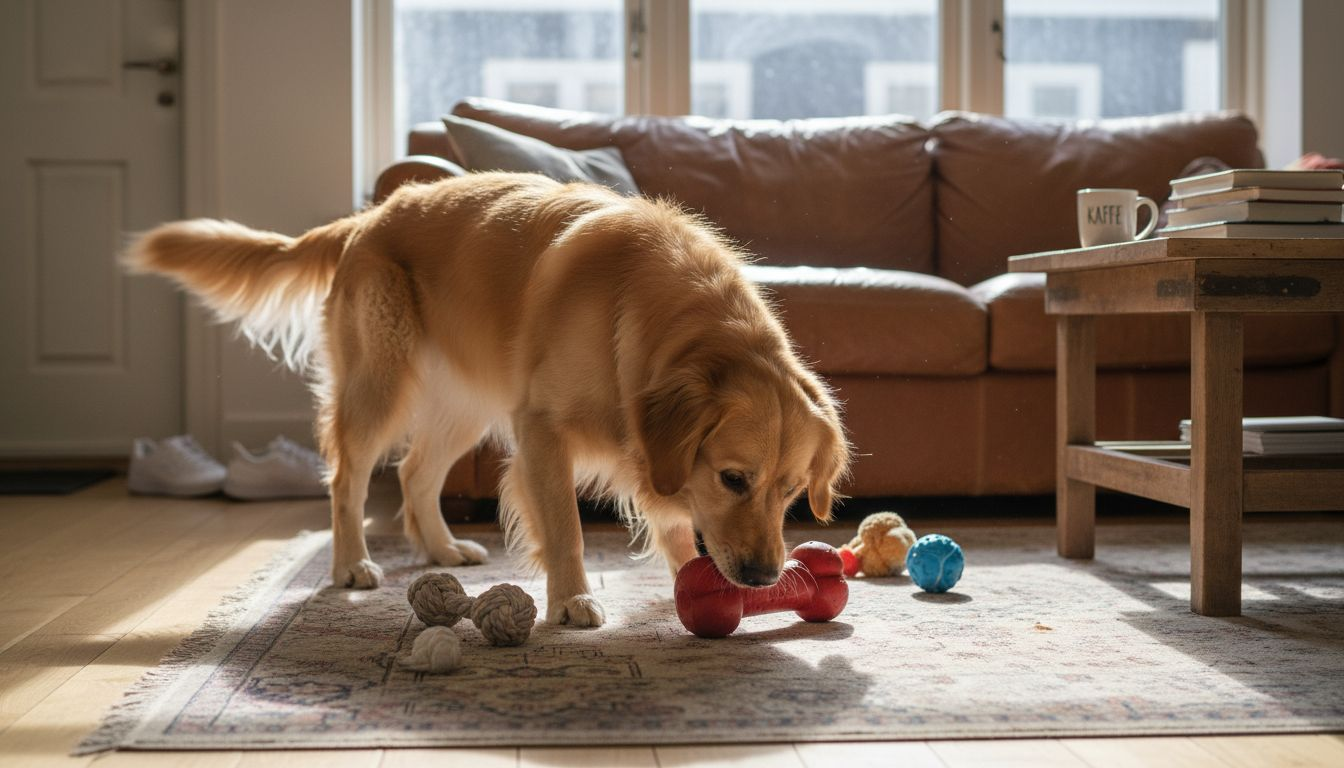 En glad golden retriever hygger sig med sit robuste legetøj.