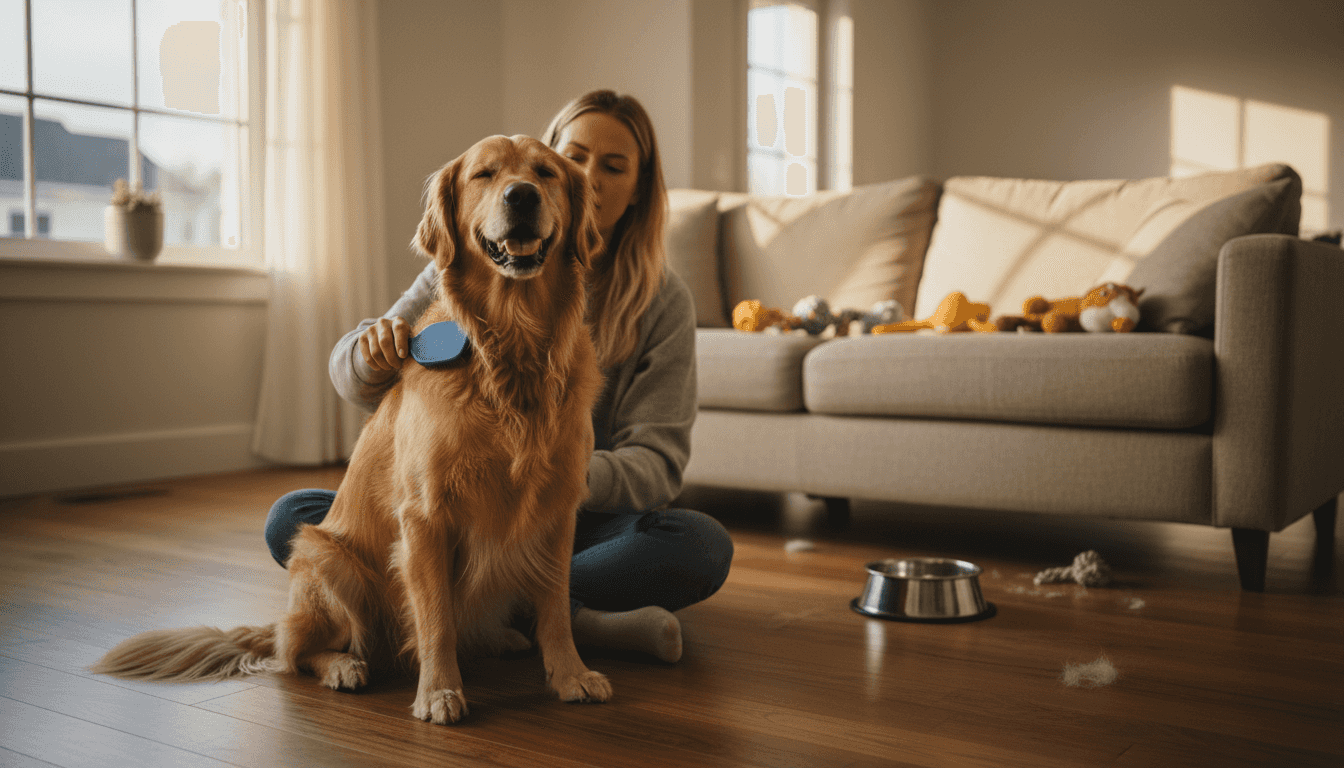 En kvinde sidder og børster sin hund i en lys og hyggelig stue.