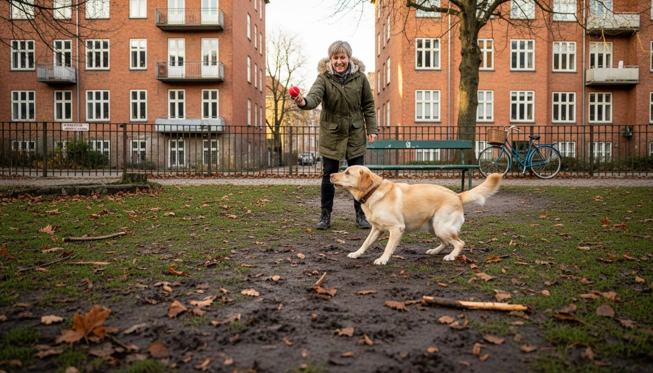 En kvinde leger med sin hund og kaster bold i en bypark.