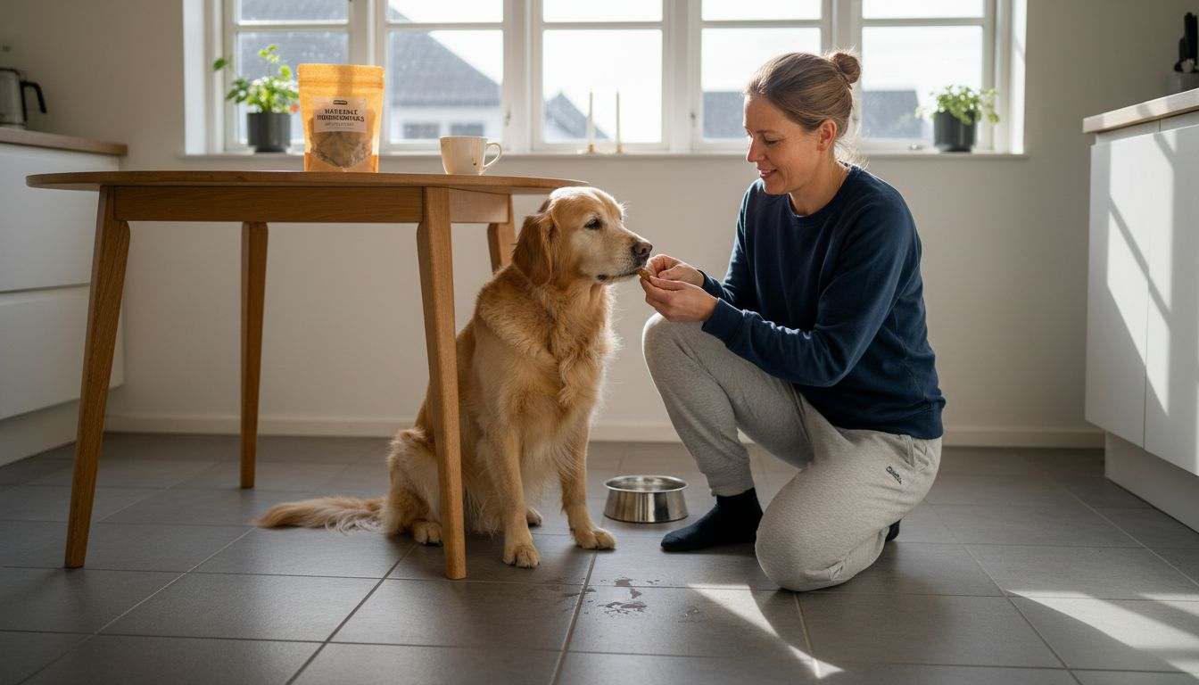 En hund bliver forkælet med en allergivenlig godbid i køkkenet.