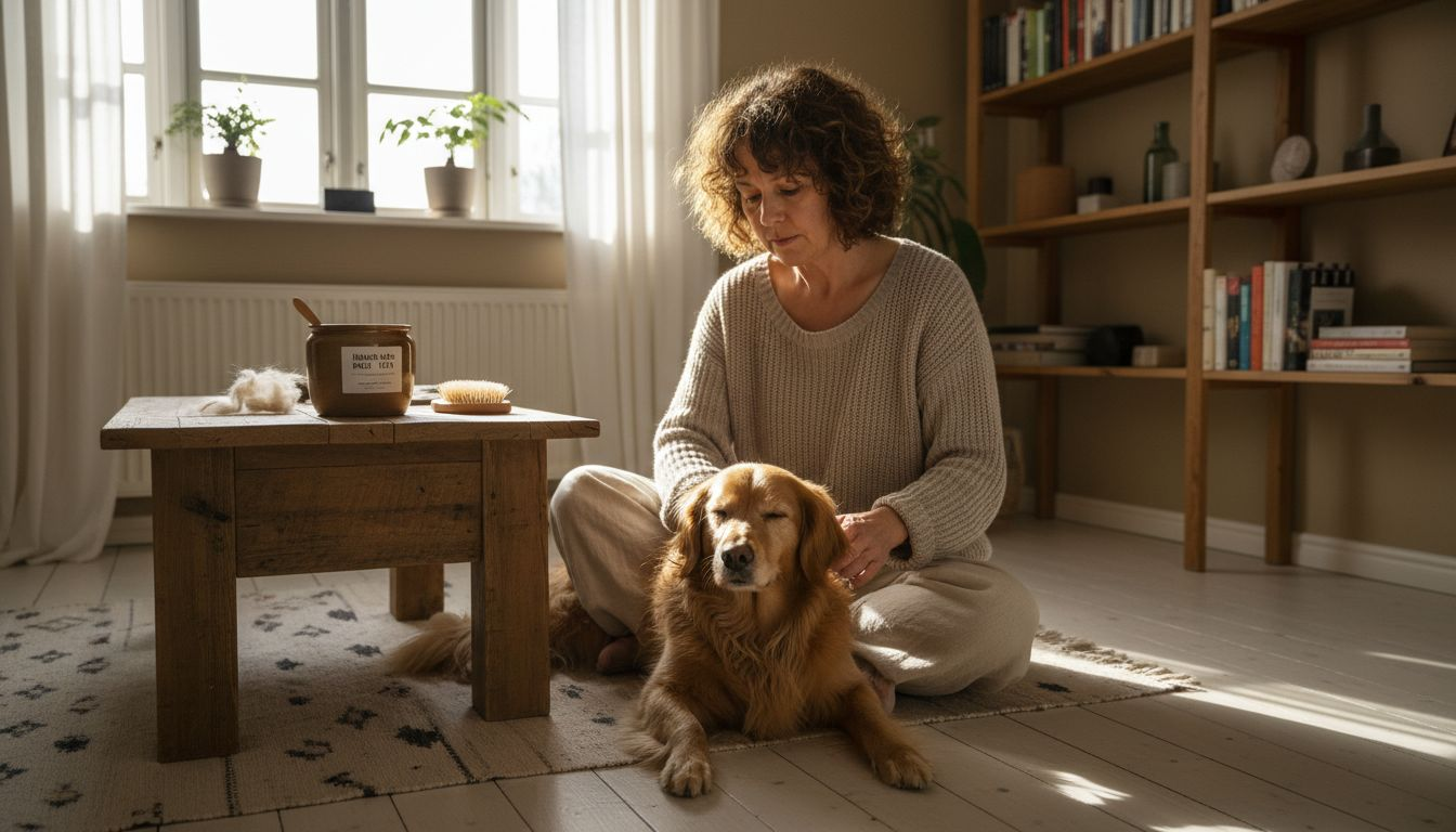 Kvinde forkæler sin hund med hjemmelavet oliebehandling til pelsen