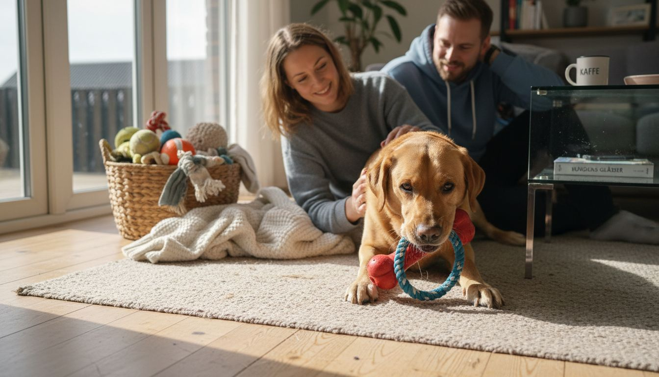 Hele familien hygger sig med at lege med hunden indenfor, hvor de kun bruger sikre legetøj.