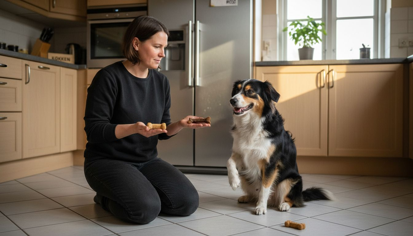Hund og ejer udvælger sunde godbidder sammen