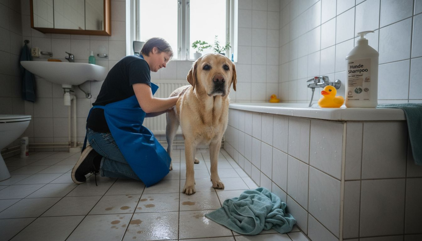 En hund bliver vasket i et helt almindeligt dansk badeværelse.