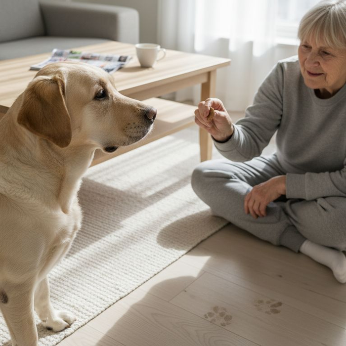 Labradoren får en allergivenlig godbid i stuen