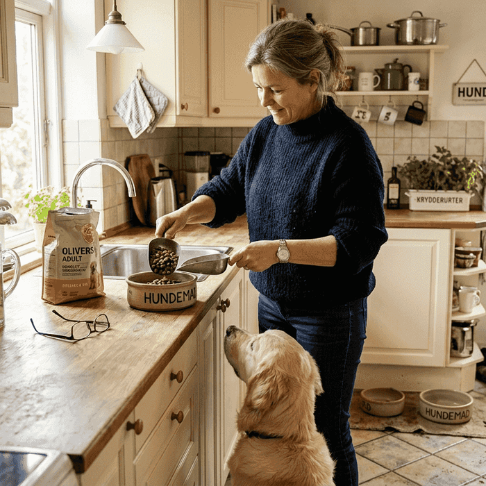 Ejeren står i køkkenet og måler op, hvor meget hundemad der skal i skålen.