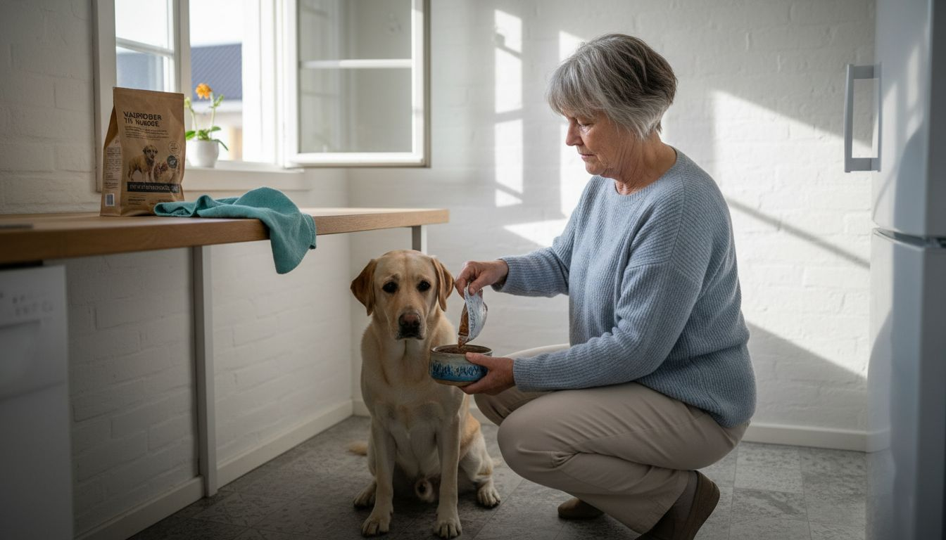 I køkkenet får hunden serveret foder, der er nemt for m Adaptation ave.