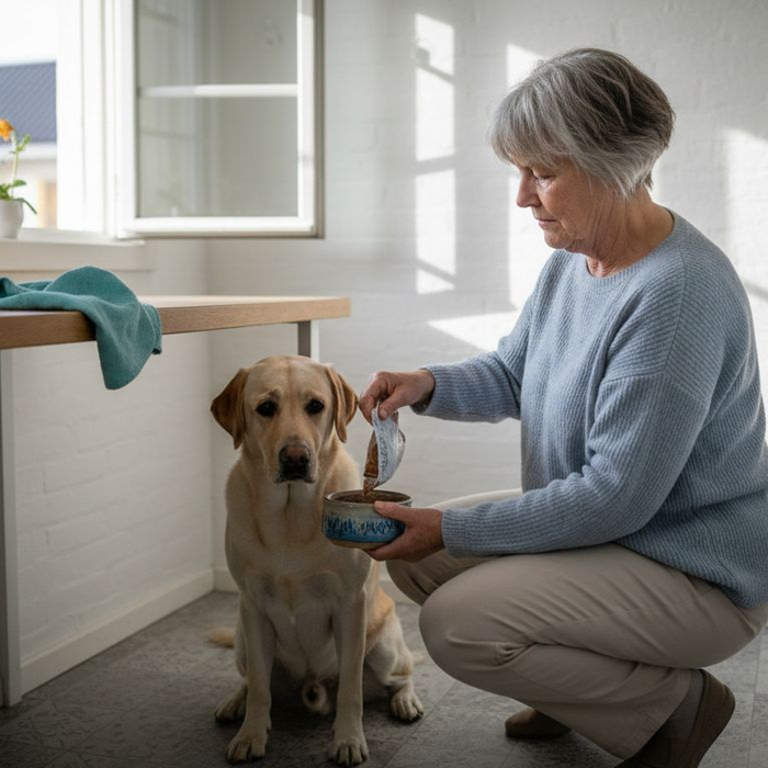 I køkkenet får hunden serveret foder, der er nemt for m Adaptation ave.