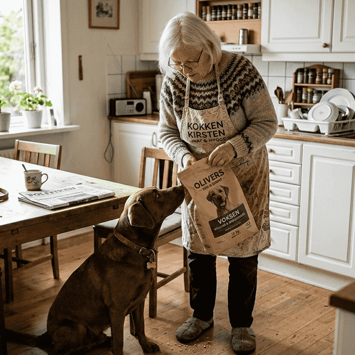 En kvinde undersøger ingredienserne i hundefoderet sammen med sin hund.