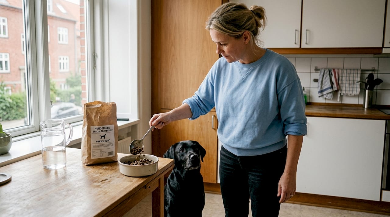 I det lyse og hyggelige køkken får familiens hund sin særlige mad serveret.
