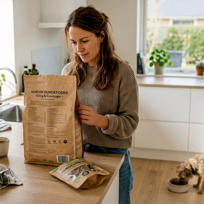 En hundeejer står i køkkenet og tjekker, hvad der egentlig er i posen med hundemad.