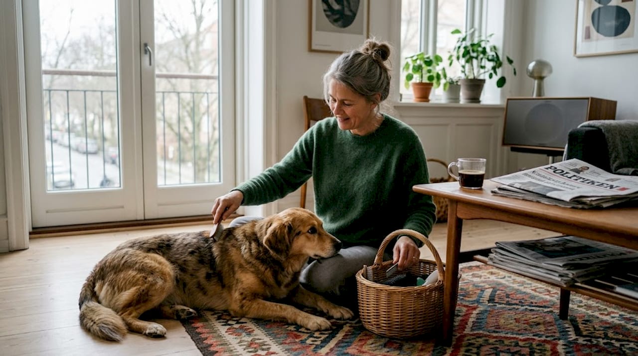 En hund bliver kælet og børstet i stuen, mens hyggen breder sig.