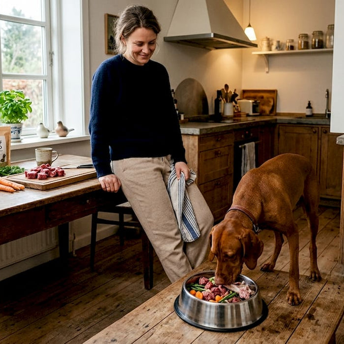 En hund nyder sin barf-mad hjemme i det danske køkken.