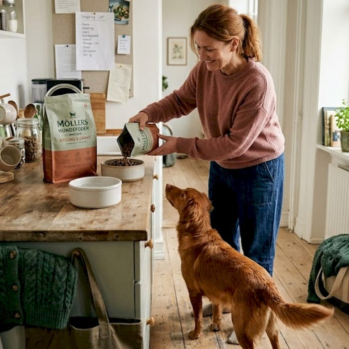 En kvinde står i køkkenet og giver sin hund mad på helt afslappet vis.